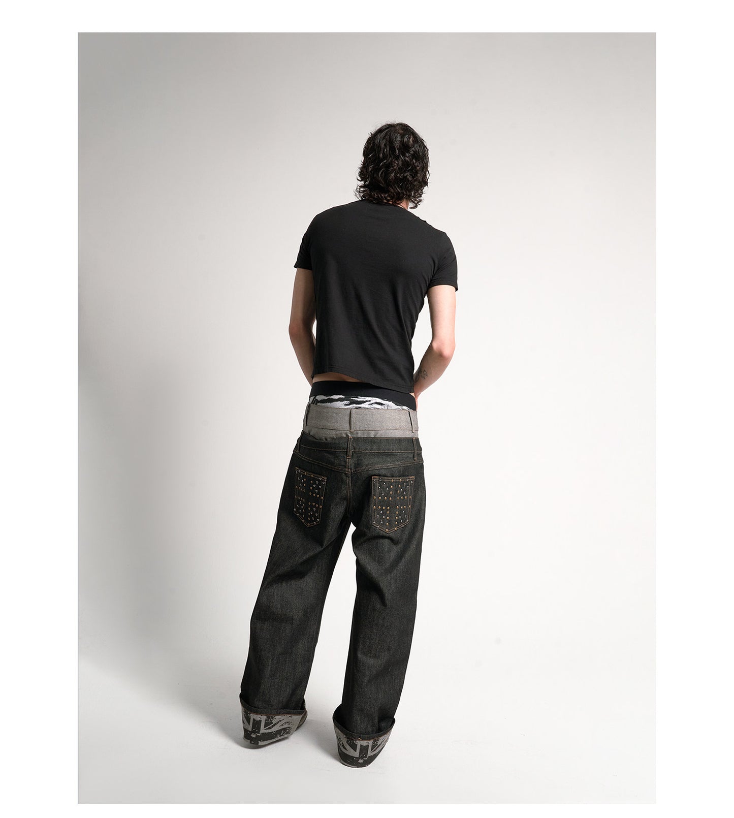 Double waist cuffed straight jeans