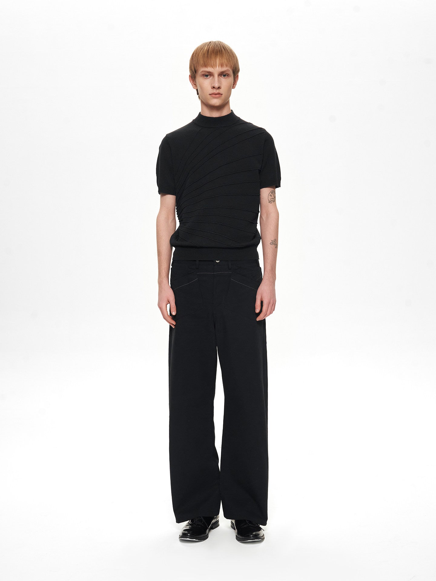 Sculptural Jacquard Mid Neck Short Sleeve Sweater