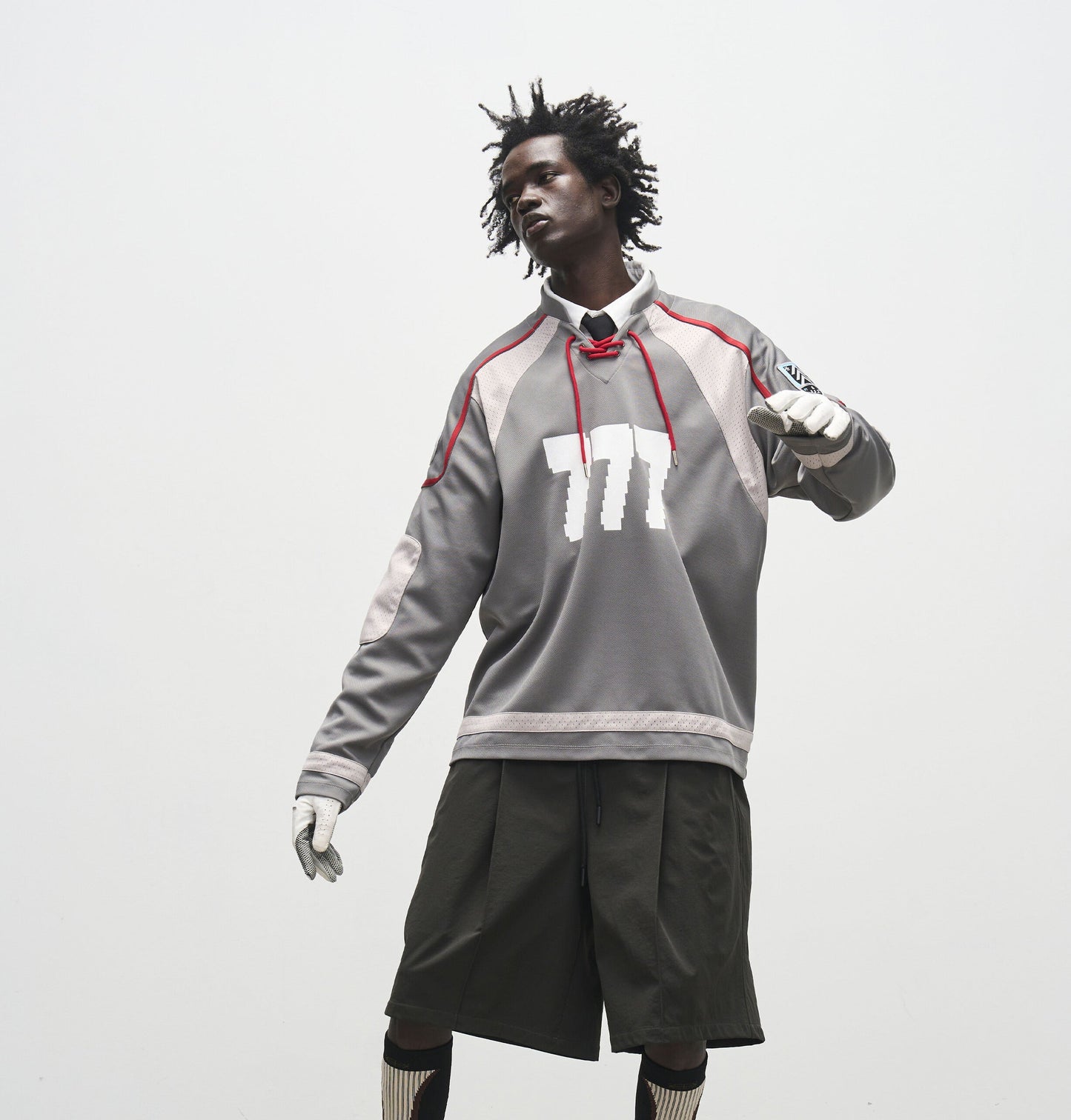 "777" two-tone drawstring ice hockey long sleeve T-shirt