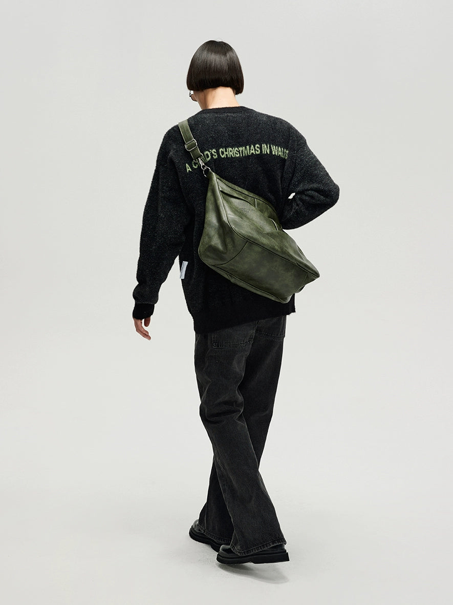 VINTAGE GREEN CRINKLED LEATHER SHOULDER BAG