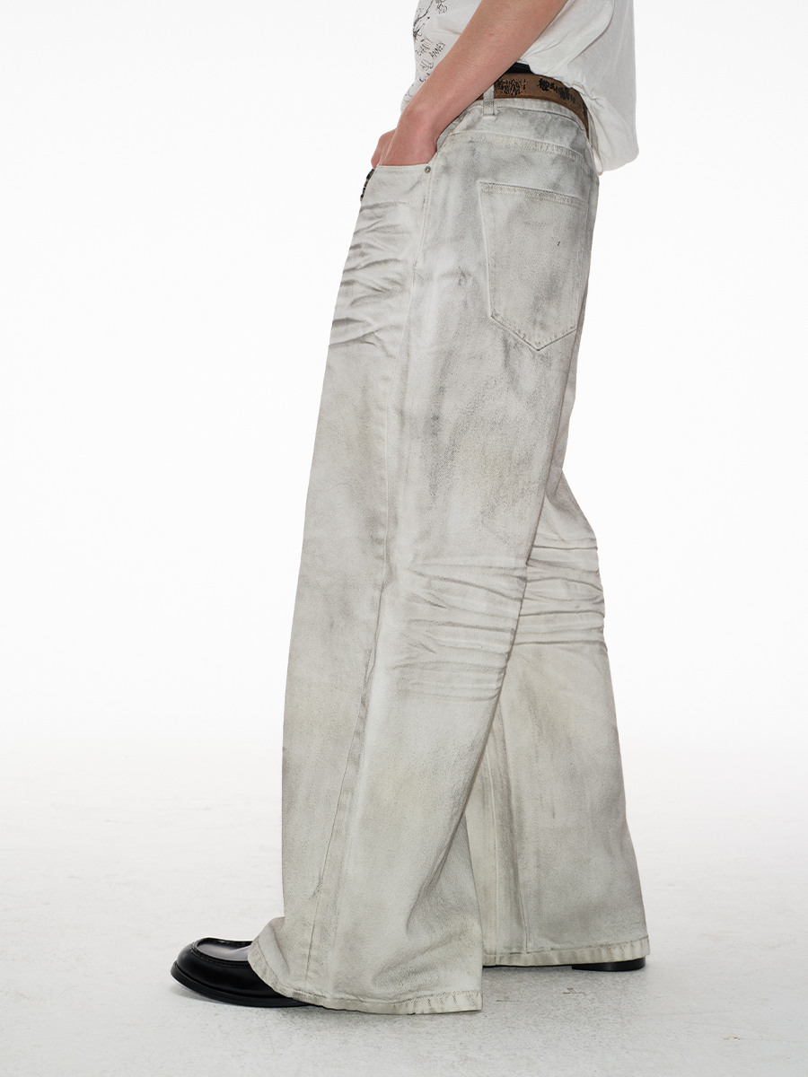 Dirty Aged White Cow Straight Wide Legs Jeans