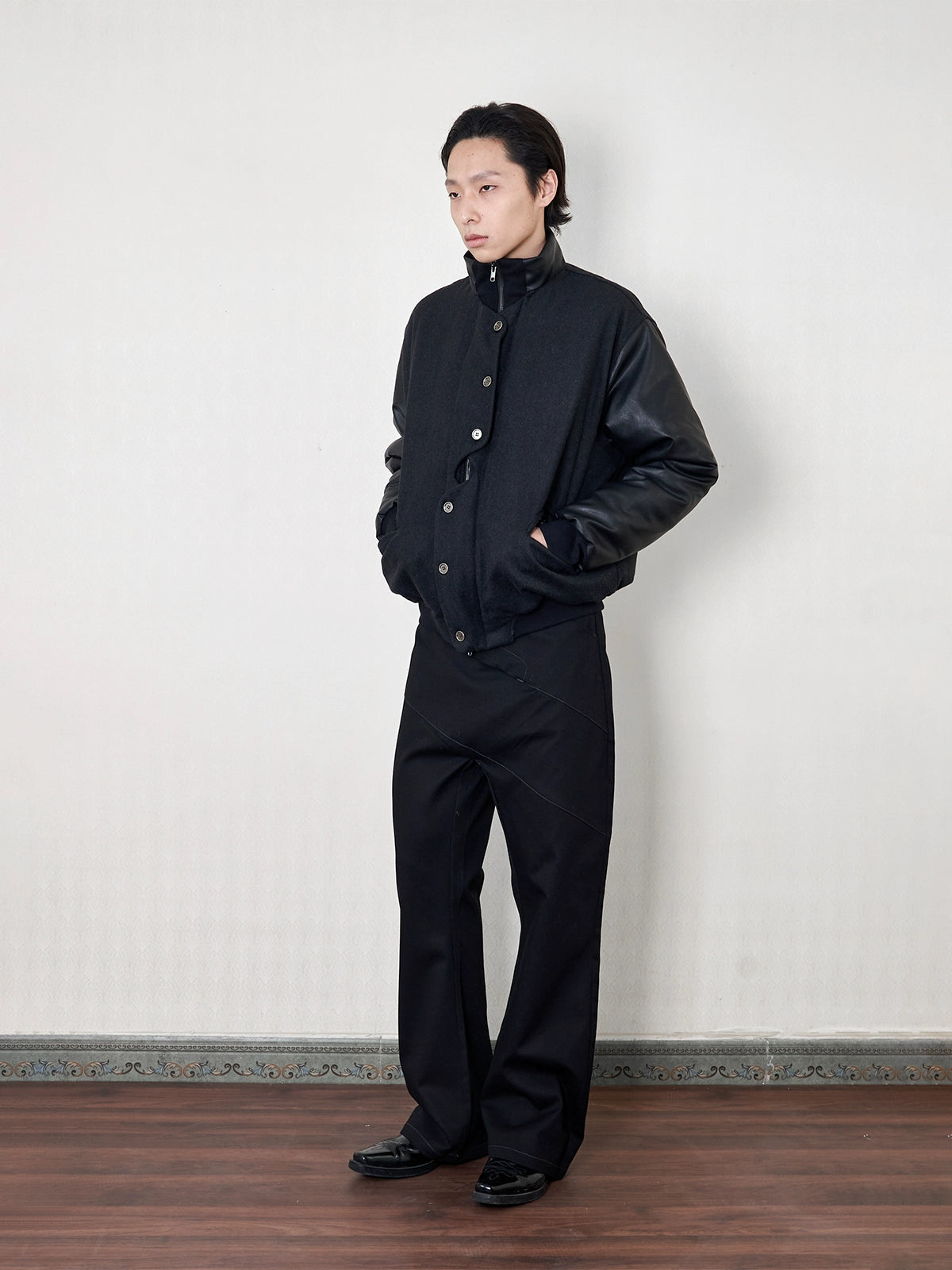 "soja" wool tweed leather sleeve jacket