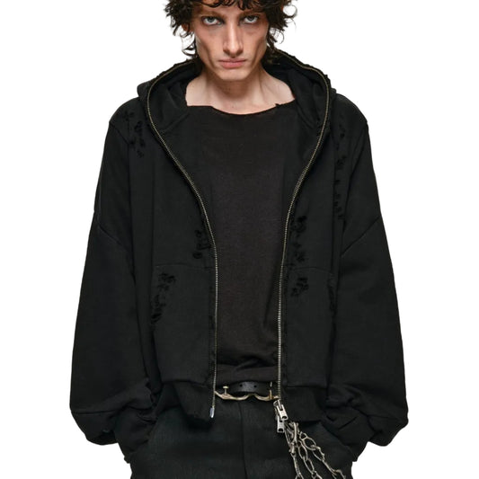 Spiral sleeve damaged zipper sweatshirt