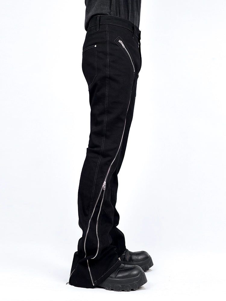 washed slim zipper flared trousers