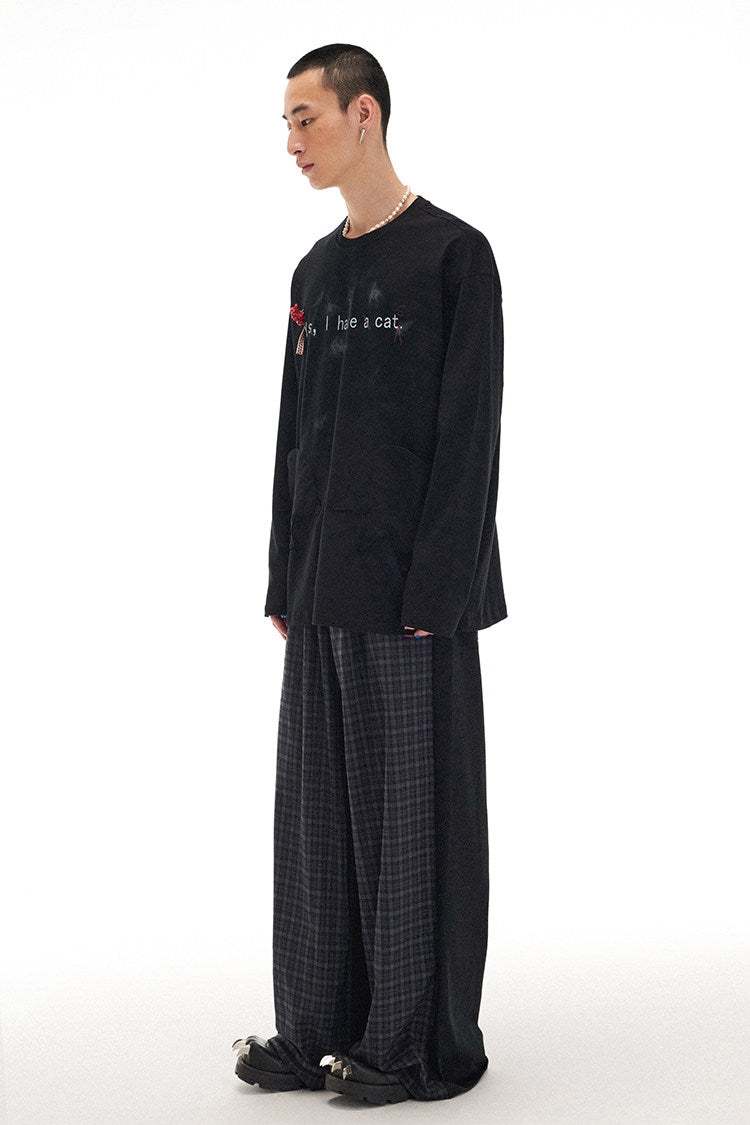 "I have a cat" loose dropped shoulder long-sleeve T-shirt