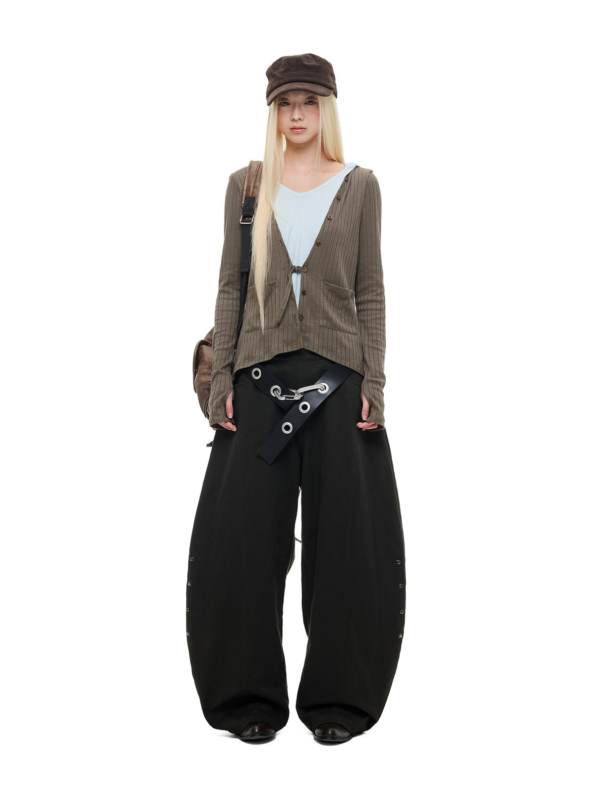 Fake layered hooded knit cardigan