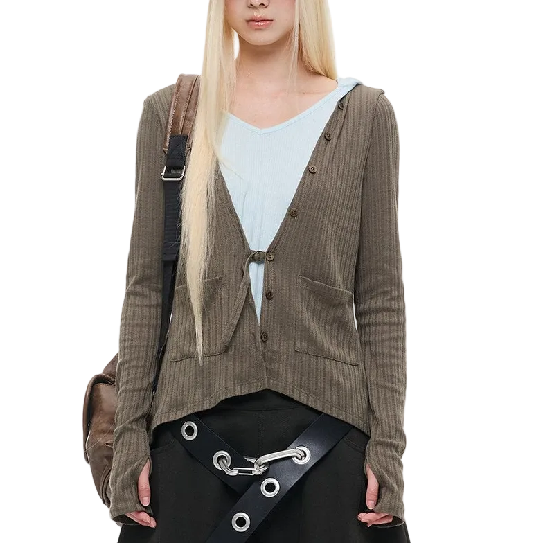 Fake layered hooded knit cardigan