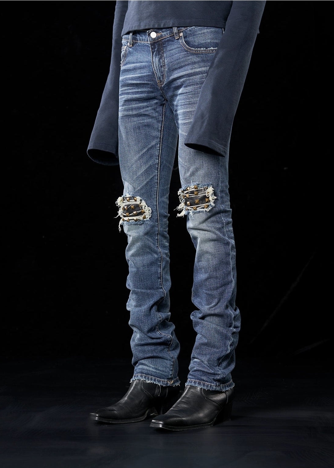 leather rivet slim fit jeans