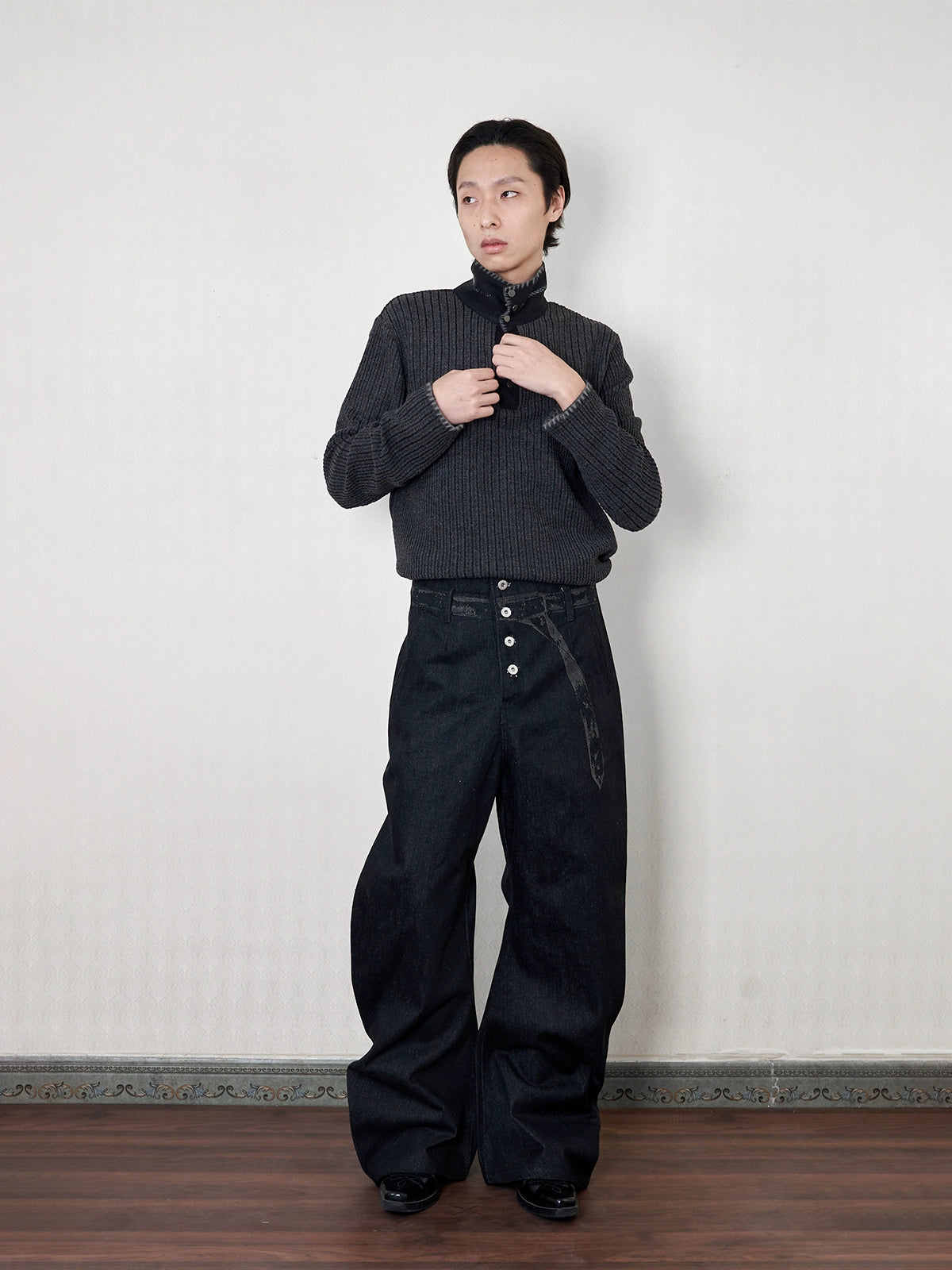 "Urhe" cable stripe stand collar pullover knit sweater
