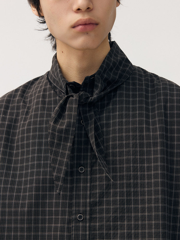 Plaid slouchy scarf-neck short-sleeved shirt