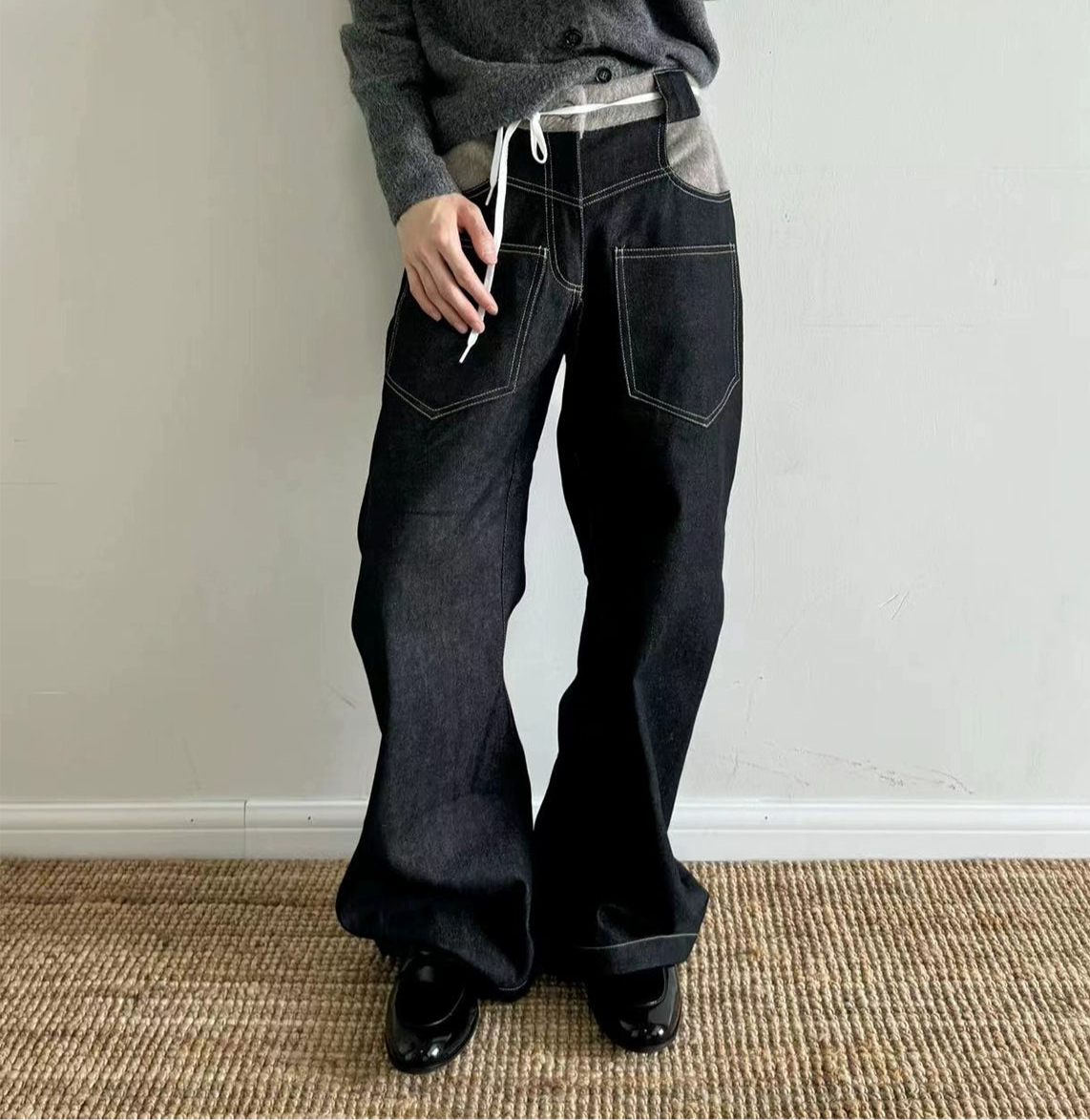 'scarf' panelled raw denim jeans