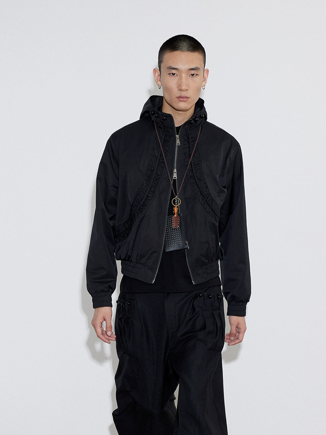 Split Pleated Zip Hooded Jacket