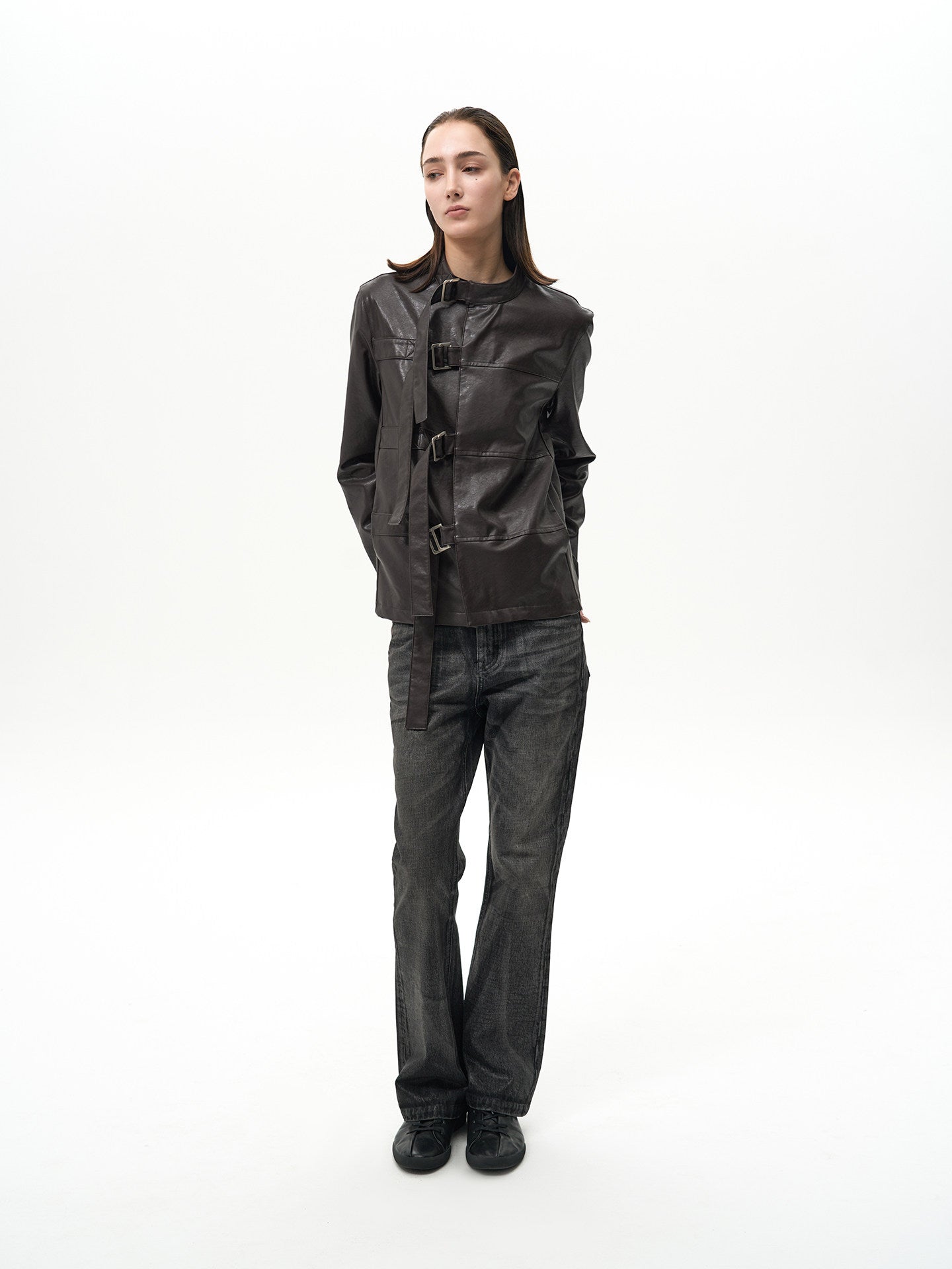 Turtleneck Asymmetrical Leather Jacket