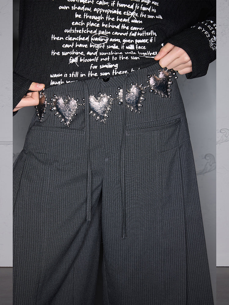 Loose-leaf pleated lace-up striped shorts