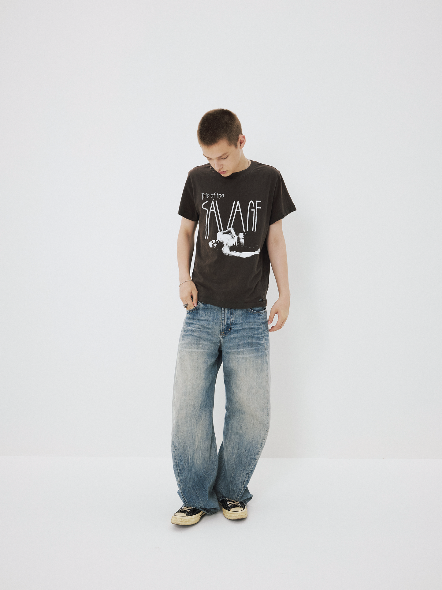 Distressed ripped cotton T-shirt
