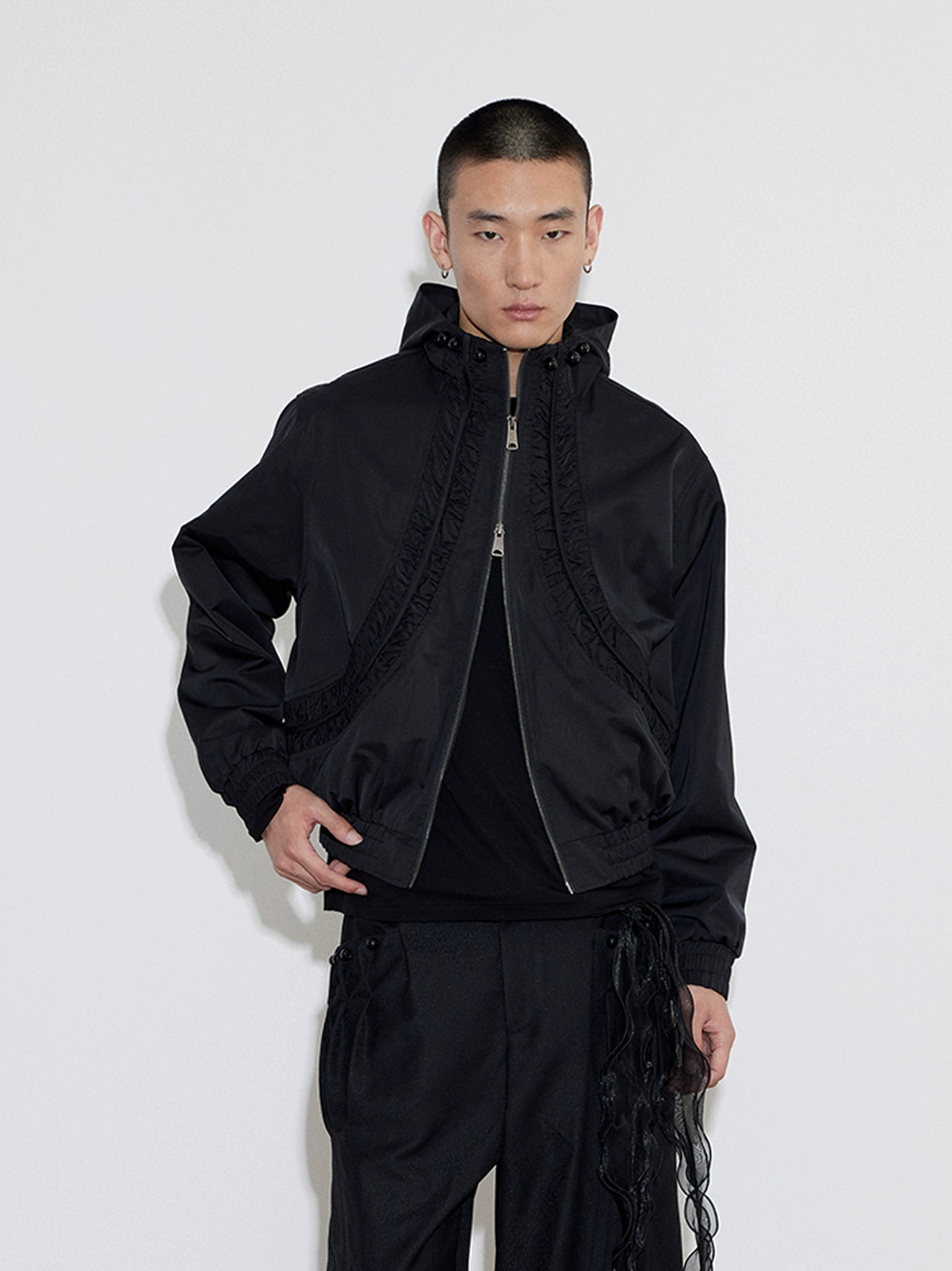 Split Pleated Zip Hooded Jacket