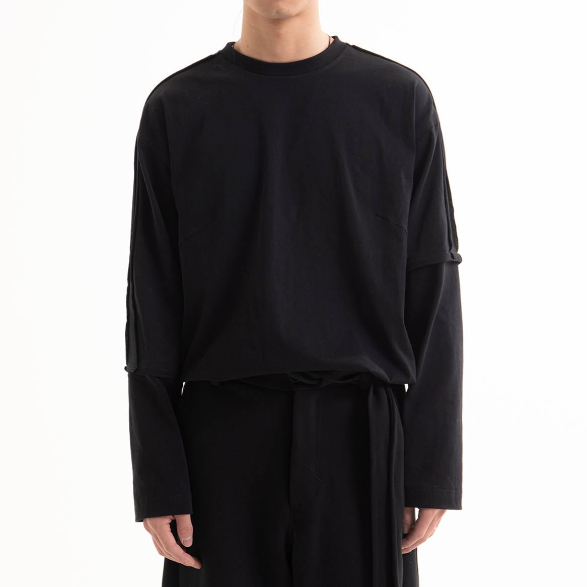 Asymmetrically faux-two-piece solid Long Sleeve T-shirt