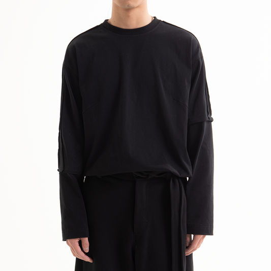Asymmetrically faux-two-piece solid Long Sleeve T-shirt