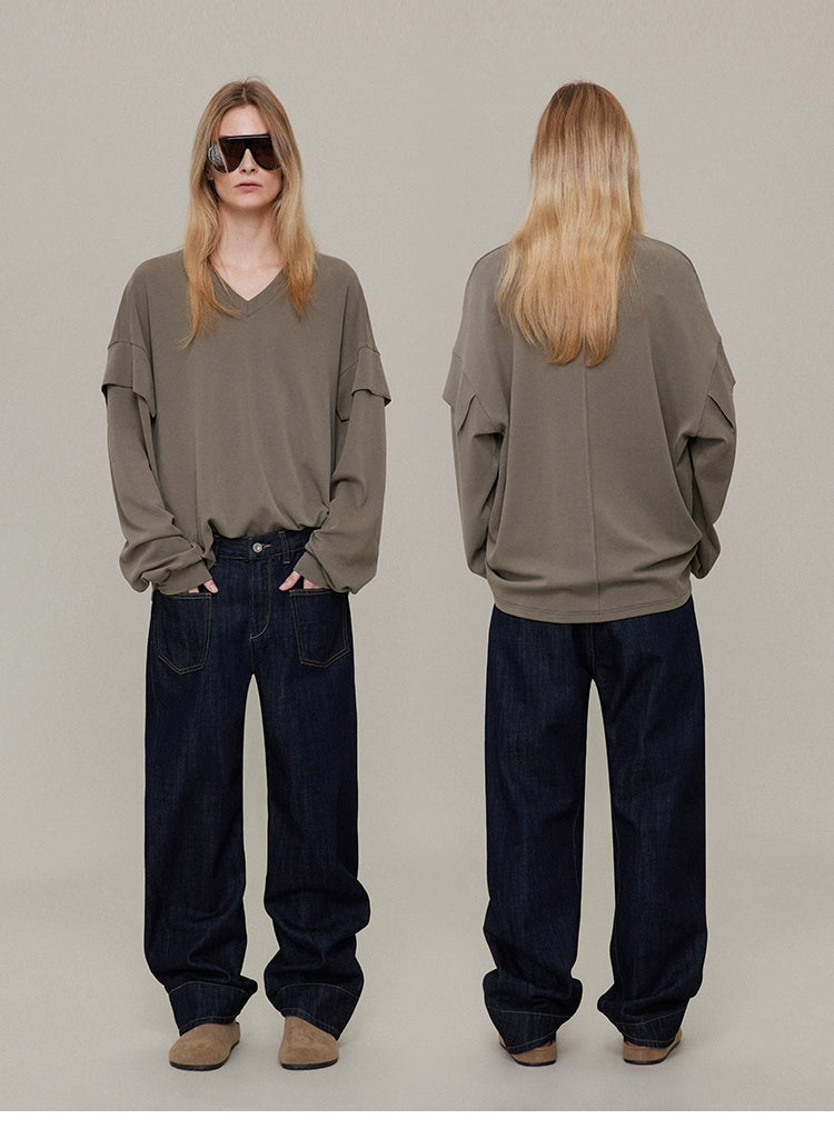 V-neck double sleeve T-shirt