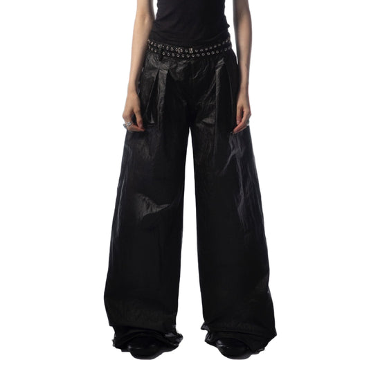 Drawstring elastic waist oil-coated wide-leg pants