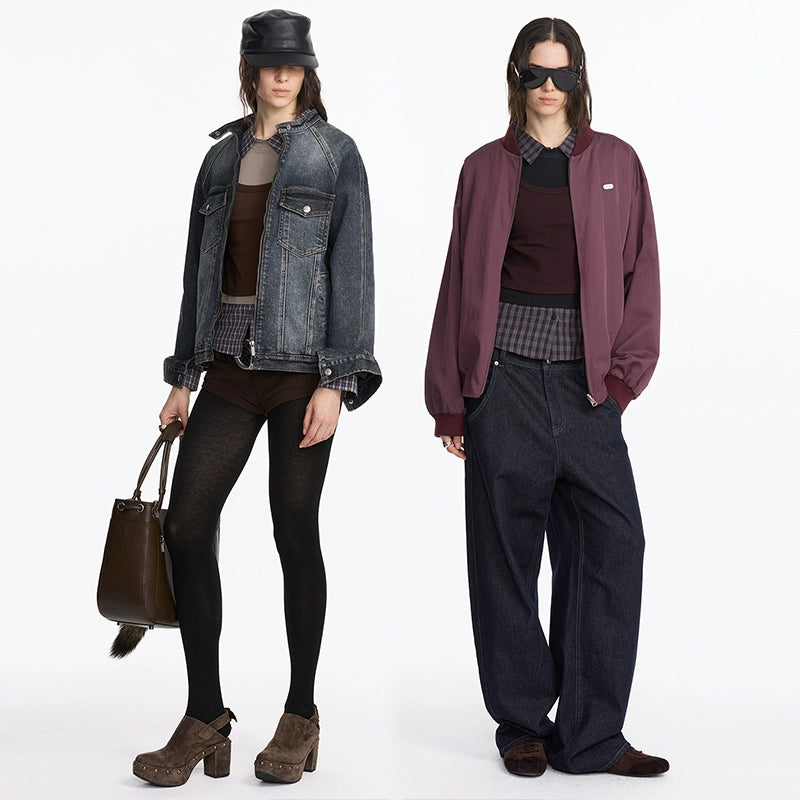 Fake Layered Plaid Polo Long Sleeve T-shirt