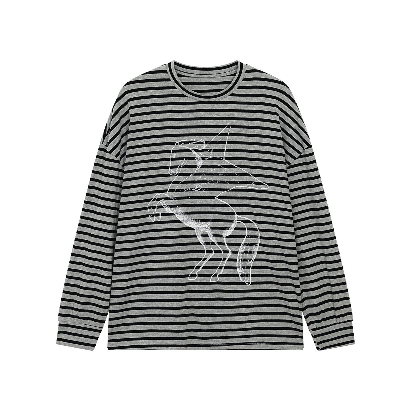 Pegasus print striped long-sleeved loose T-shirt
