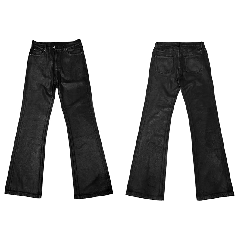 Coated distress bootcut jeans