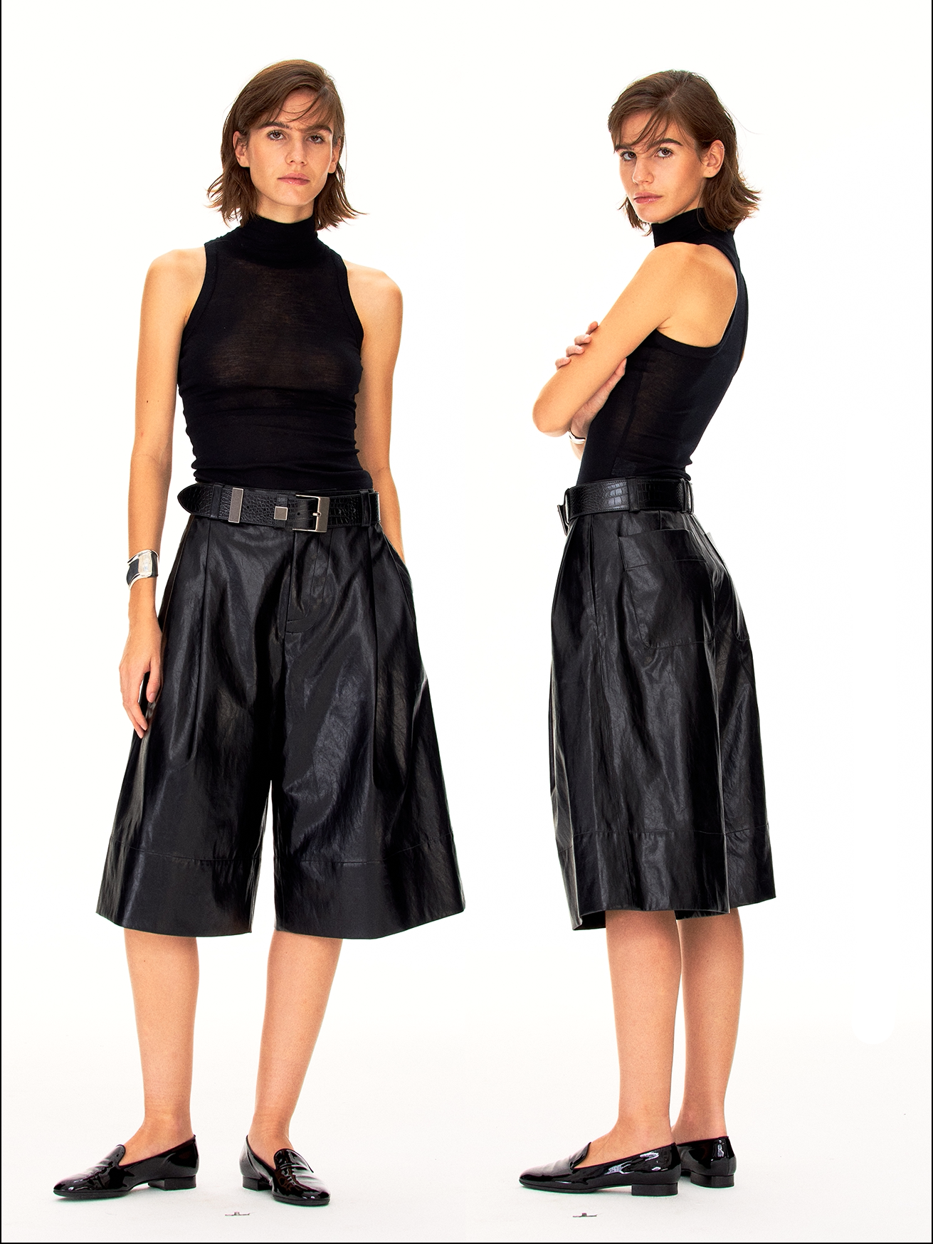 Double-pleated leather wide-leg shorts