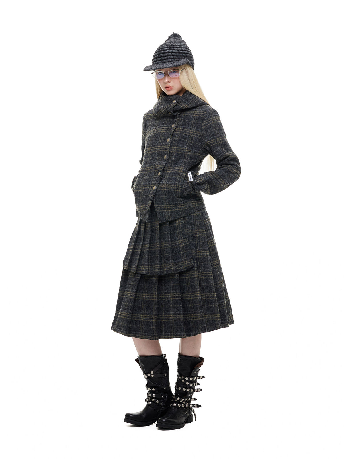 Wool Plaid Irregular Hooded Short Jacket