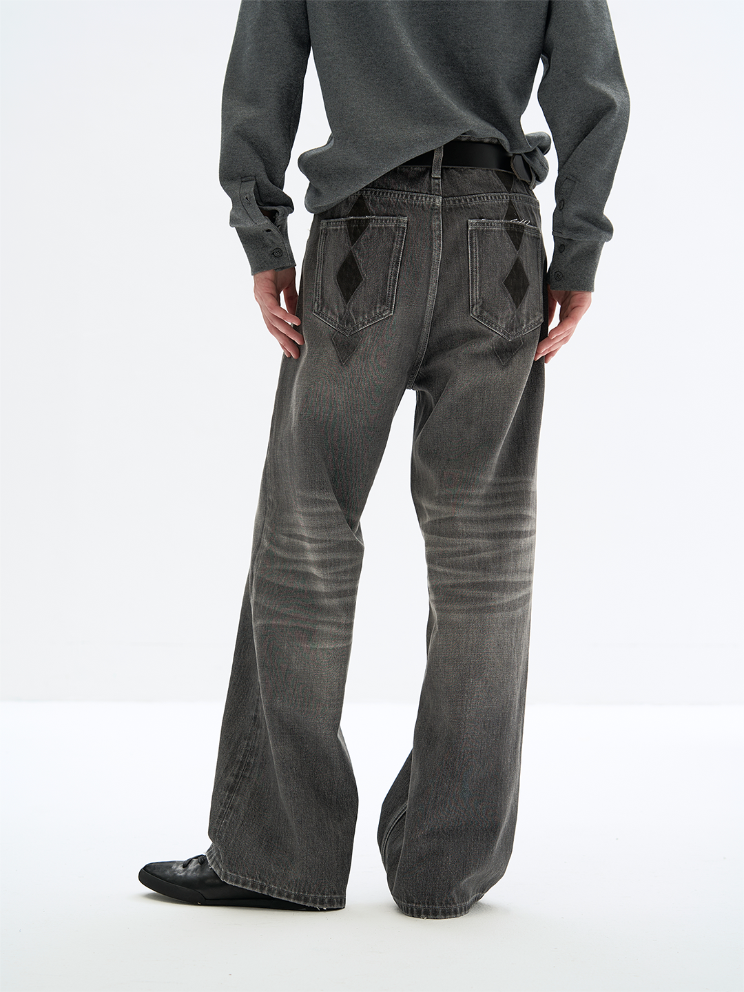 Washed argyle straight denim
