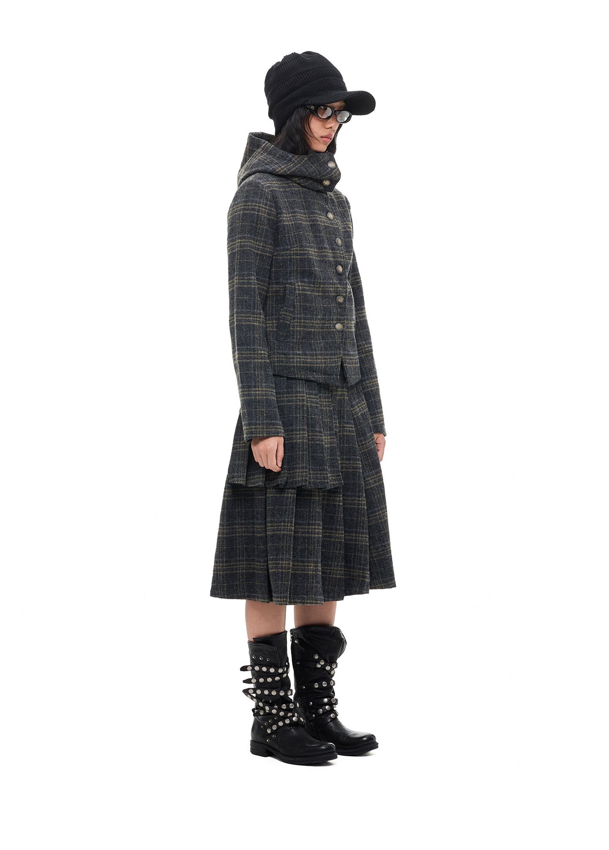 Wool Plaid Irregular Hooded Short Jacket