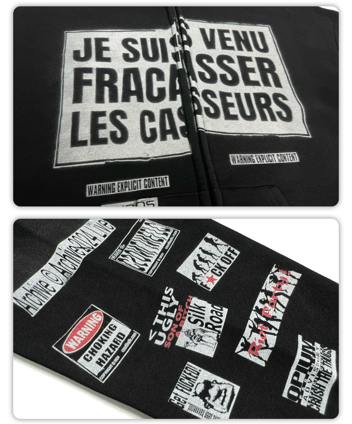 CSONLINEllc Sticker Distressed Print Fleece Heavy Zip Hoodie