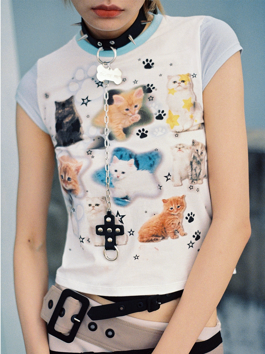 "LOVE ME"Cat Print Short Sleeve T-Shirt