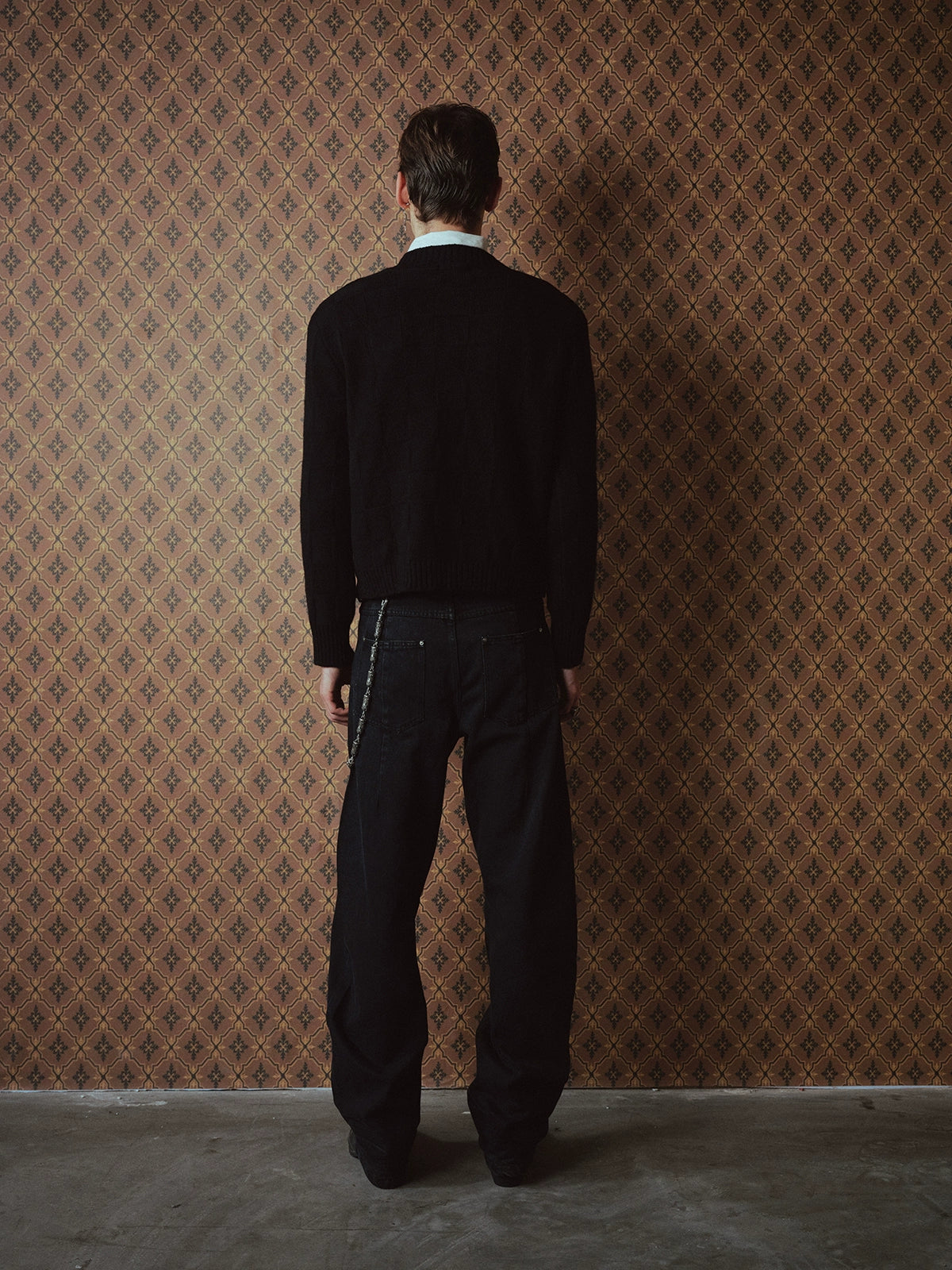 Wool Check Metal Buckle Crew Neck Knit Cardigan