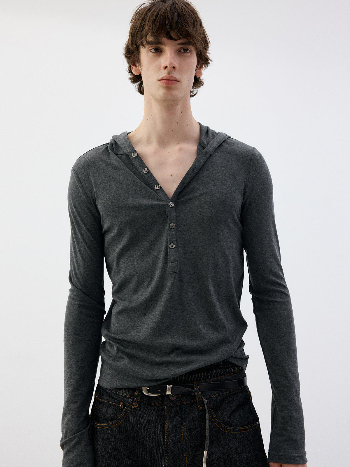 Hooded Henley Collar long-sleeve T-shirt
