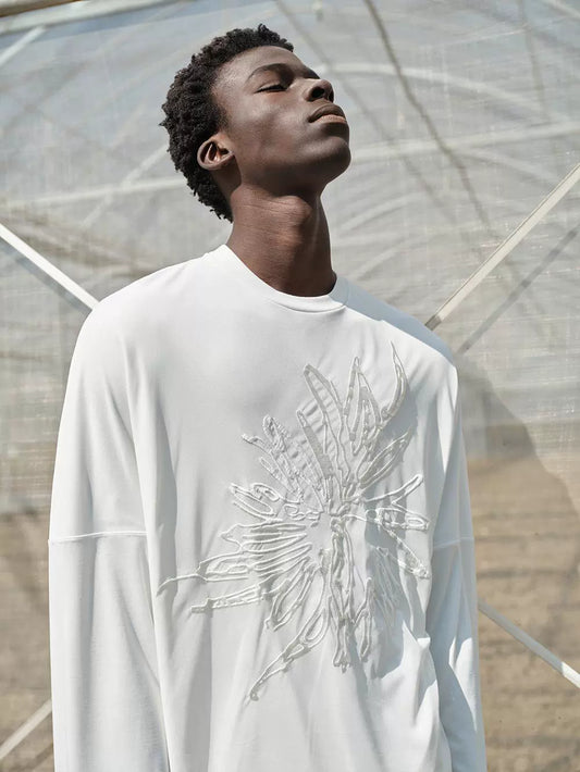 mesh embroidery double layer long-sleeve t-shirt