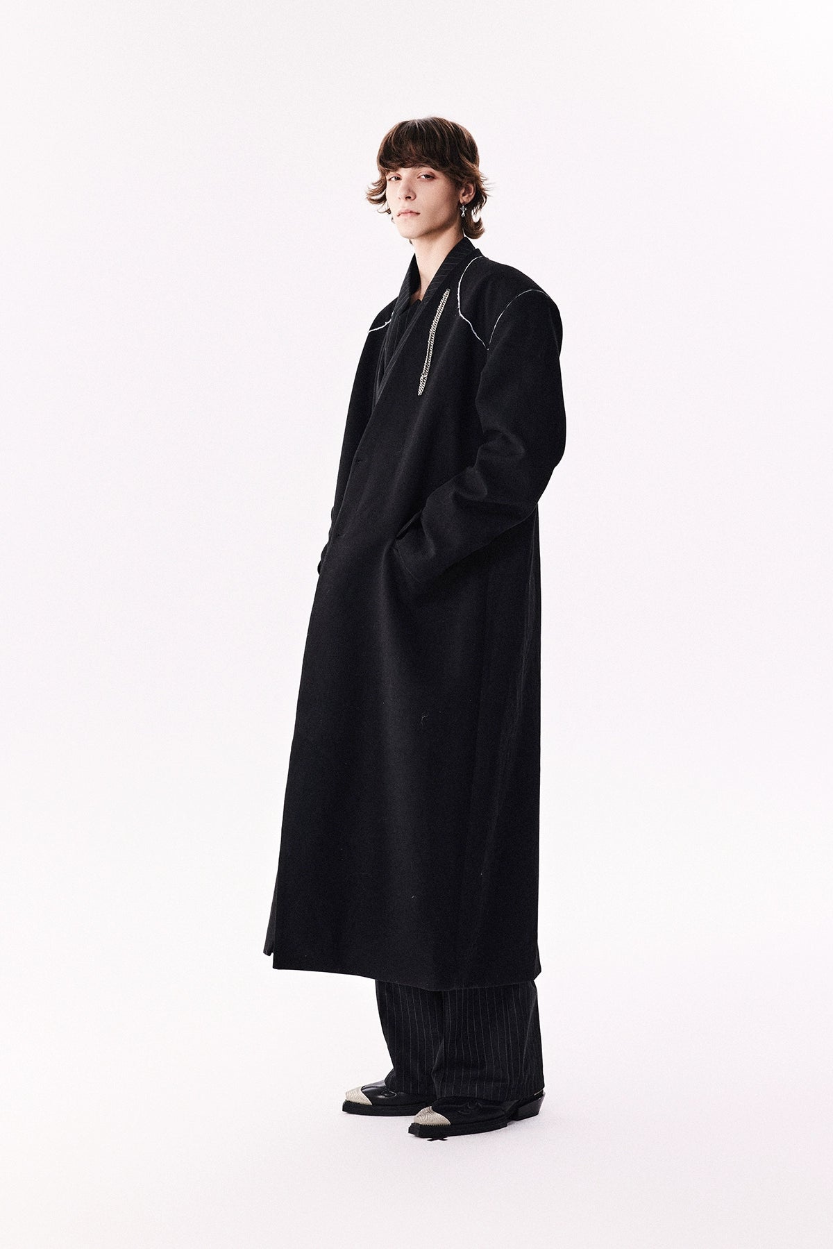 Wool Yoke Chain Padded Shoulder Heavy Coat