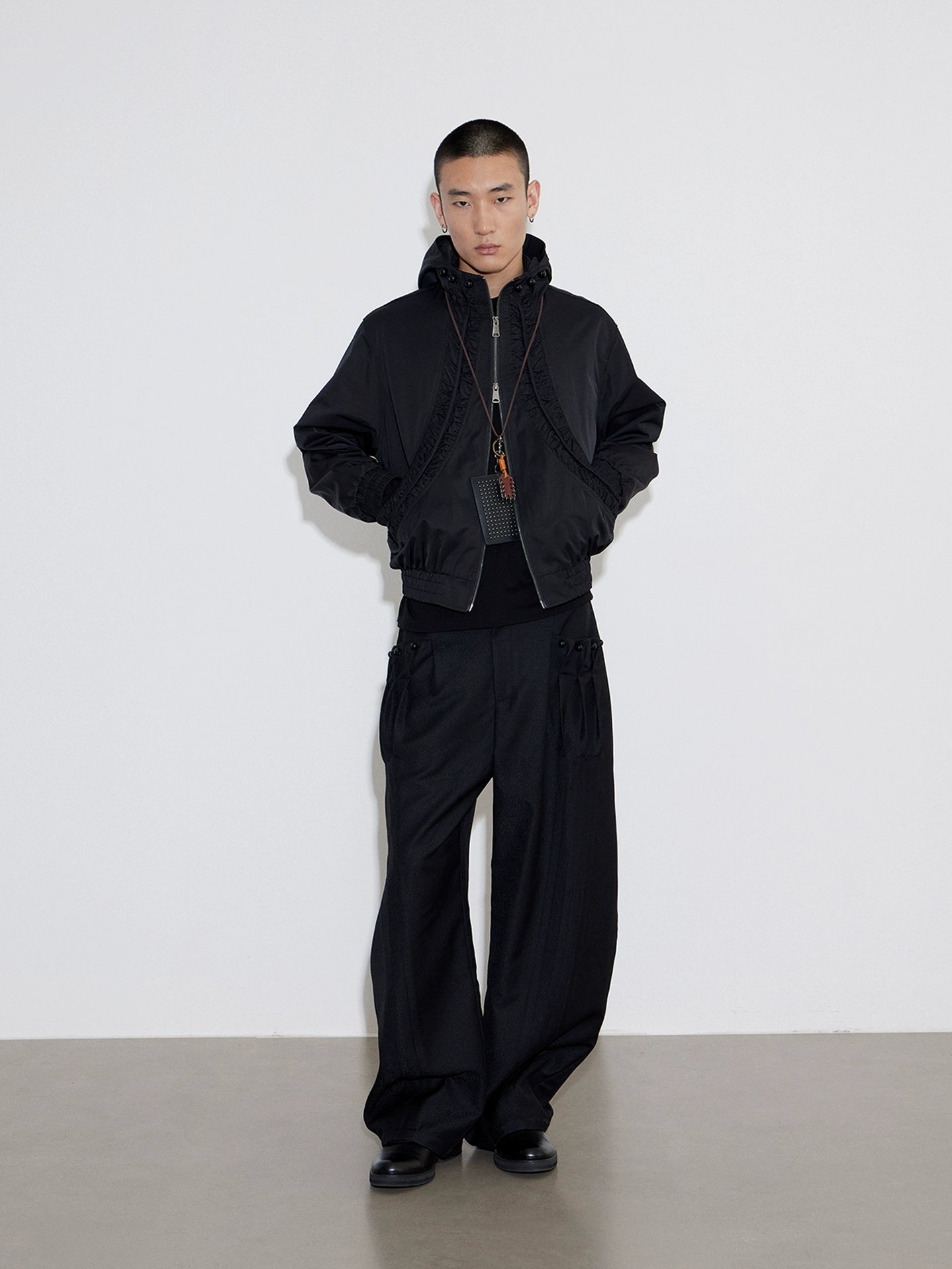 Split Pleated Zip Hooded Jacket