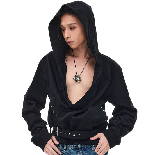 Drawstring V Neck Hoodie