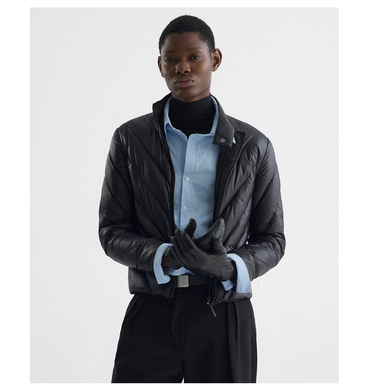 Leather Patchwork Radial Quilted Down Jacket