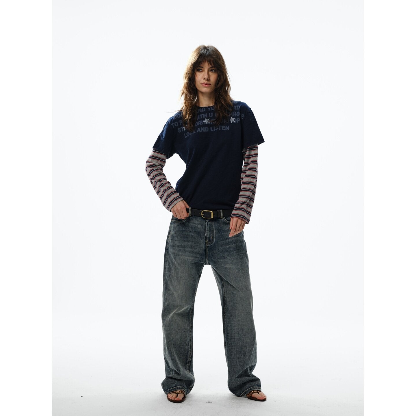 Stripe Stitching Fake Layered Long Sleeve T-Shirt