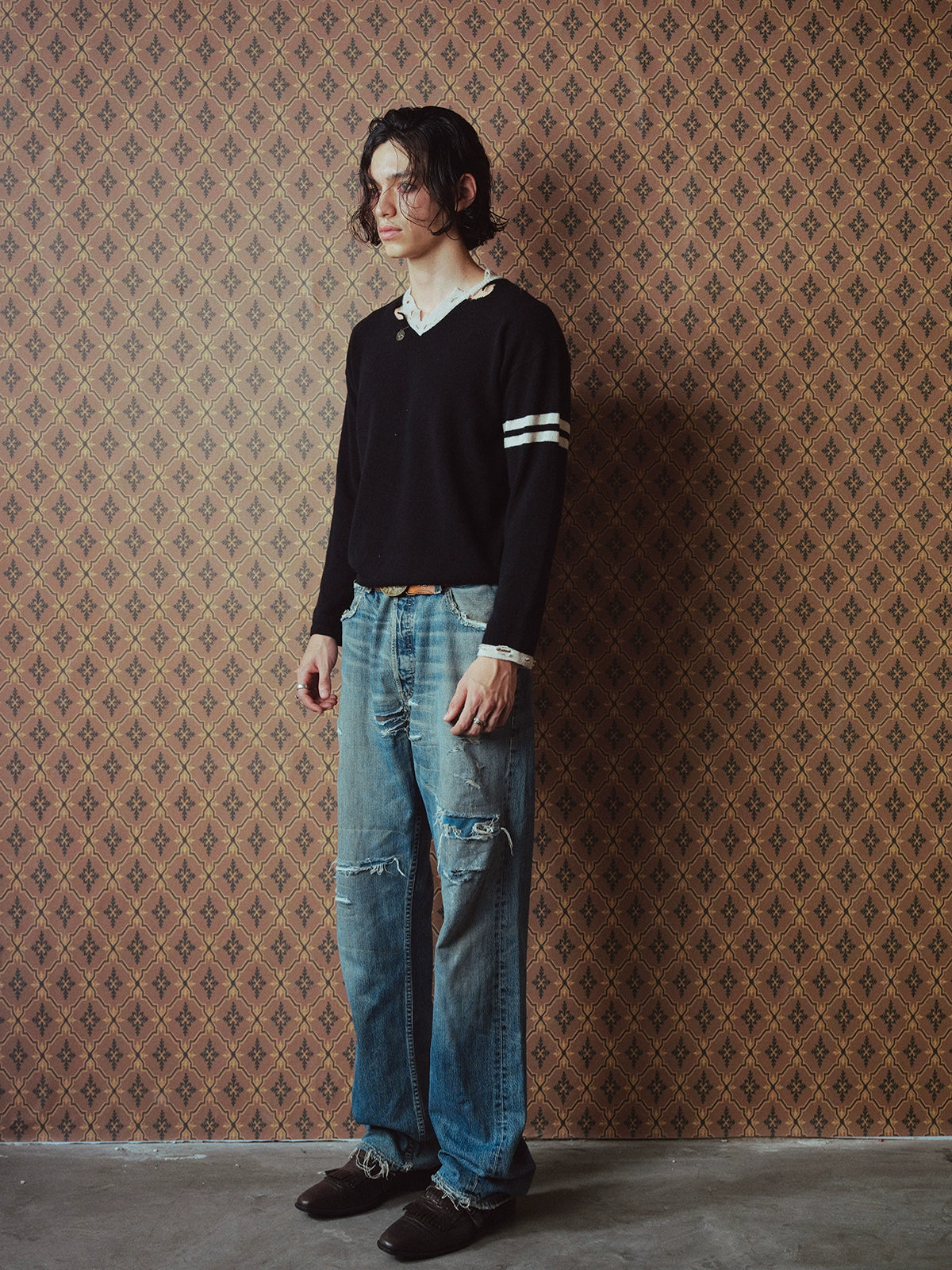 Brass Ancient Coin V-Neck Pure Wool Knit