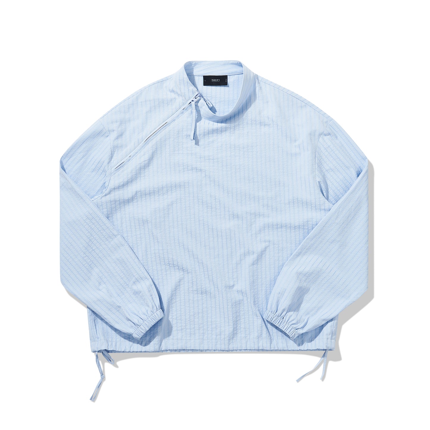 Two-tone striped textured bias neckline zip-up shirt