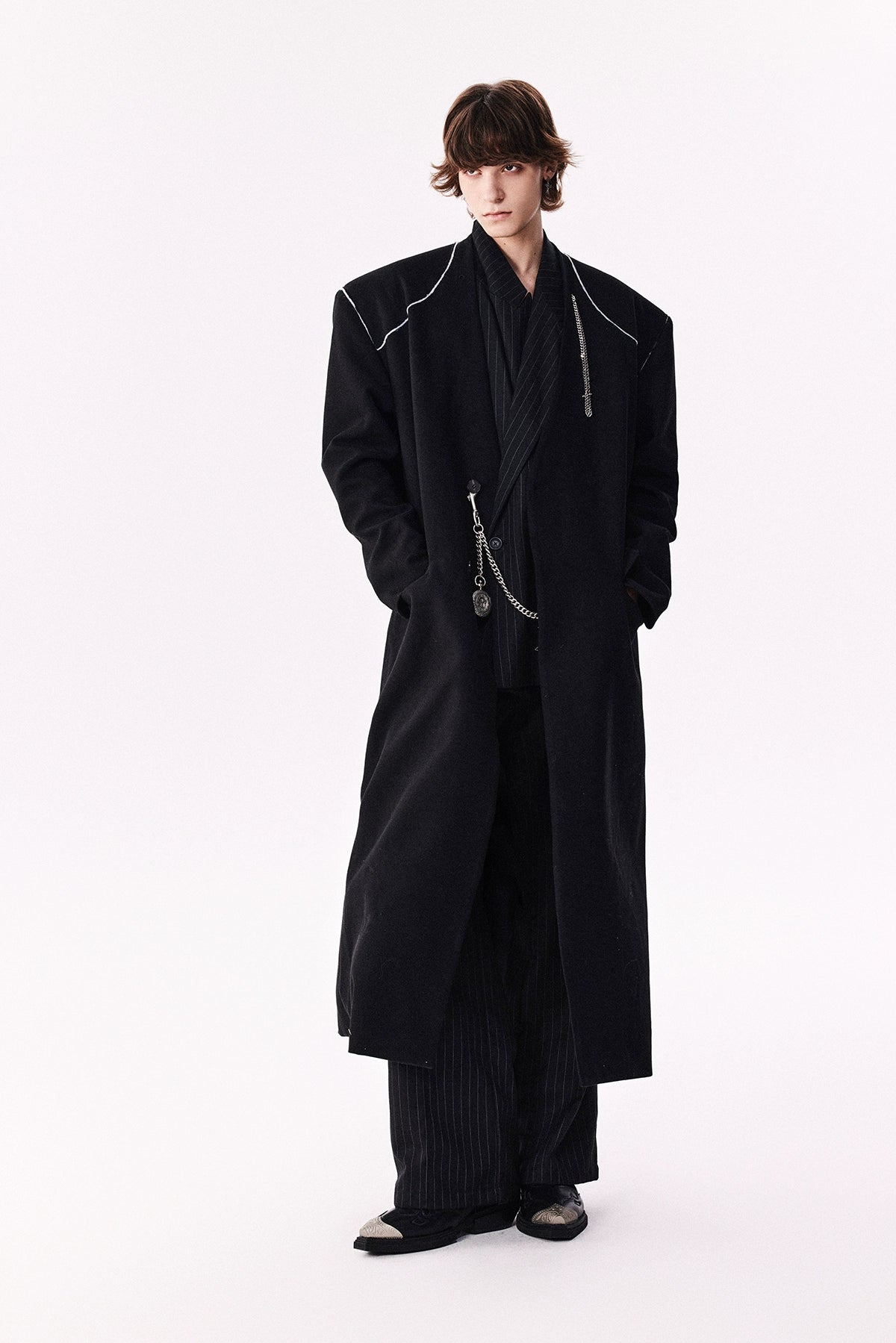 Wool Yoke Chain Padded Shoulder Heavy Coat