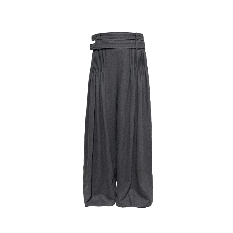 Double belt pleated wool trousers