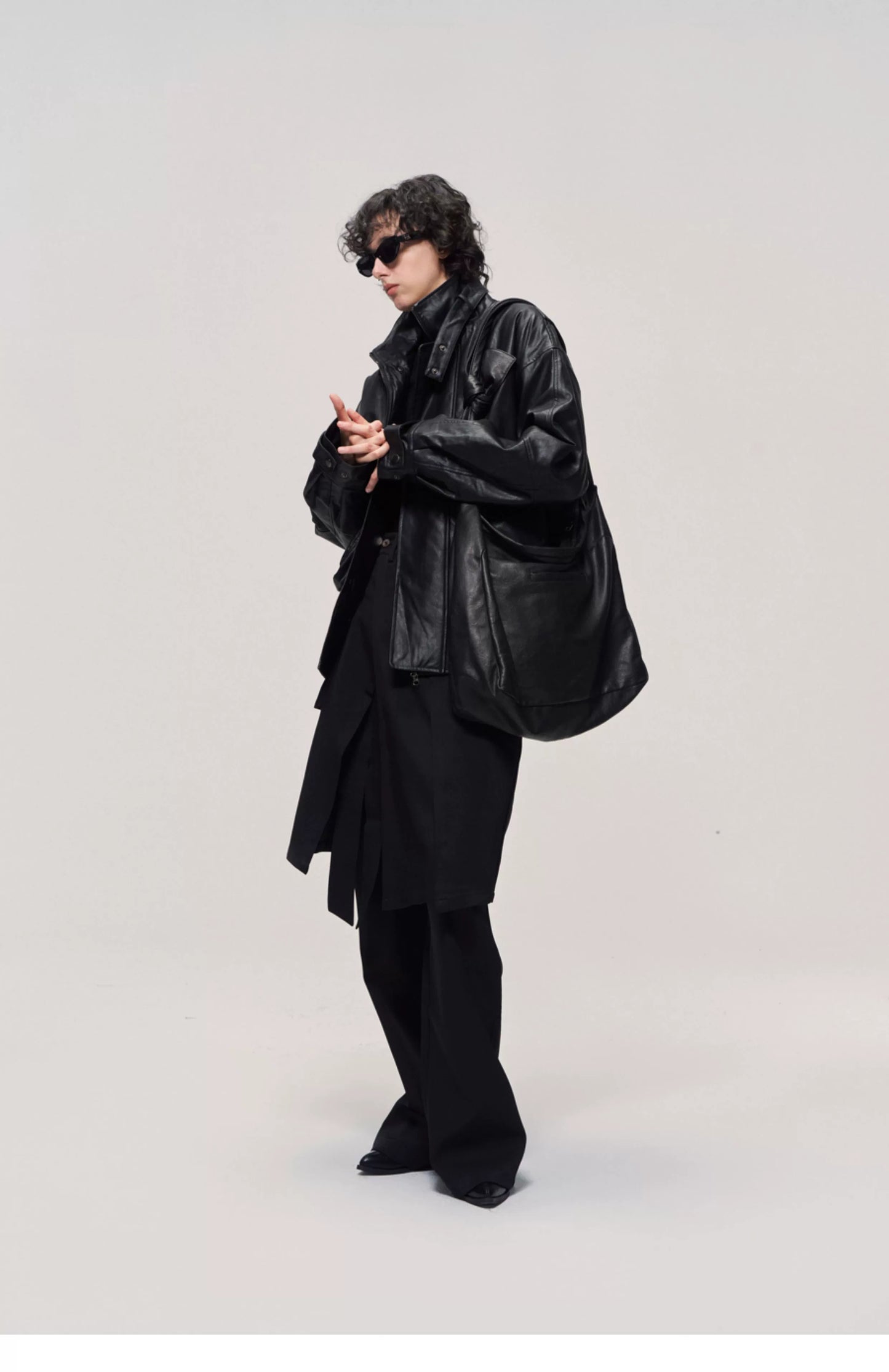 Washed Stand-Collar Leather Jacket