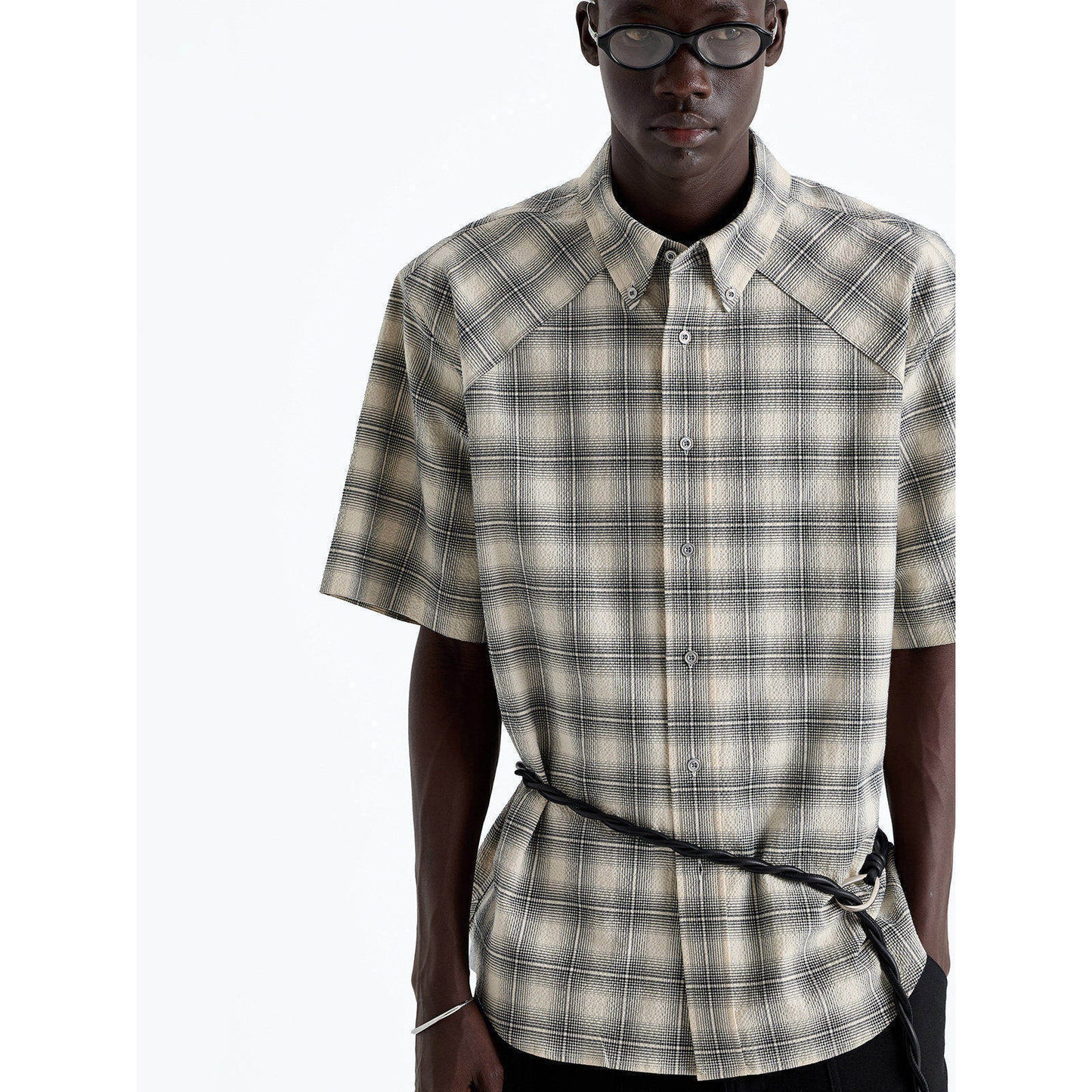 Check Pleated Short Sleeve Shirt