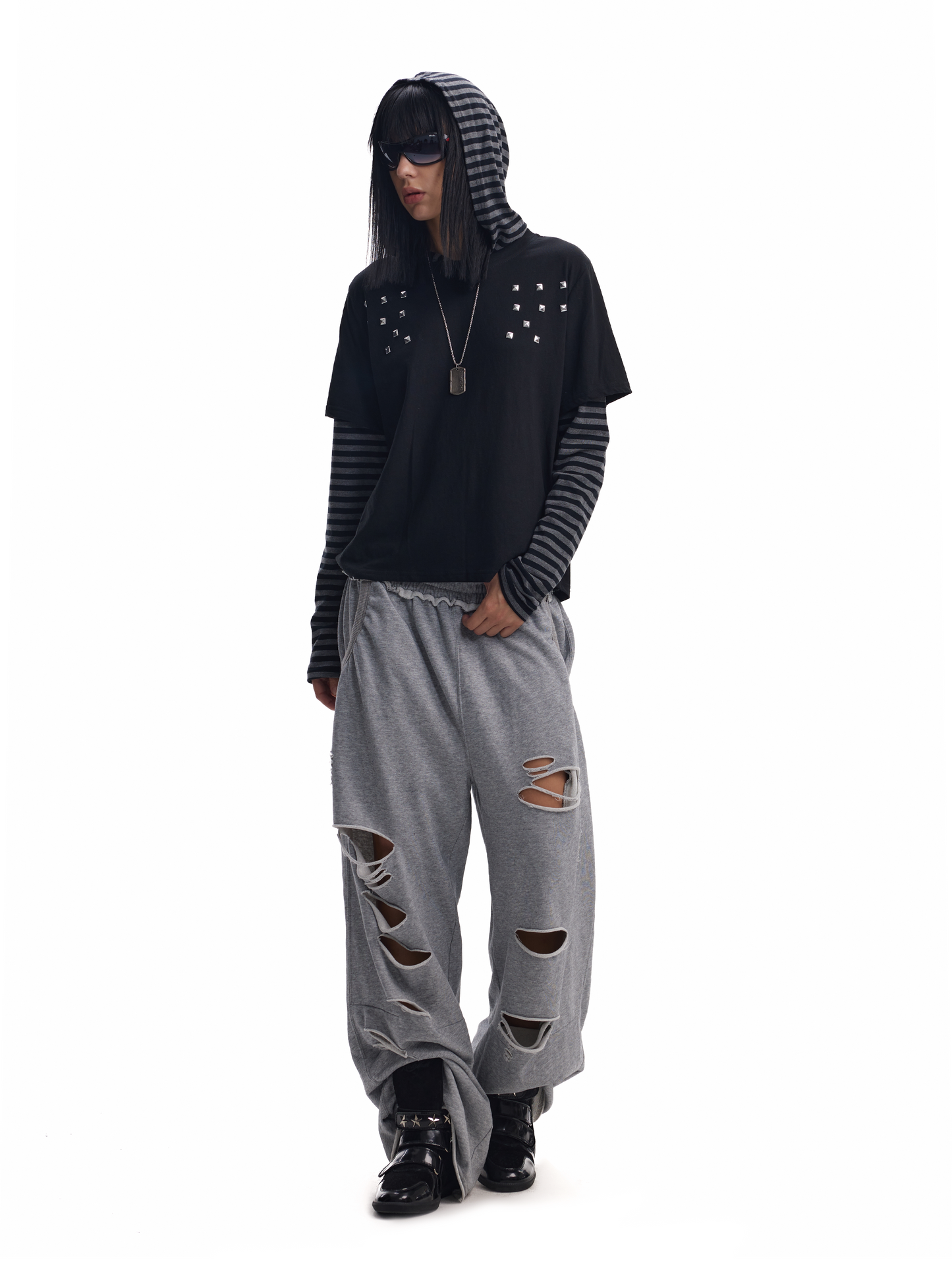 Hooded fake layered striped long sleeve