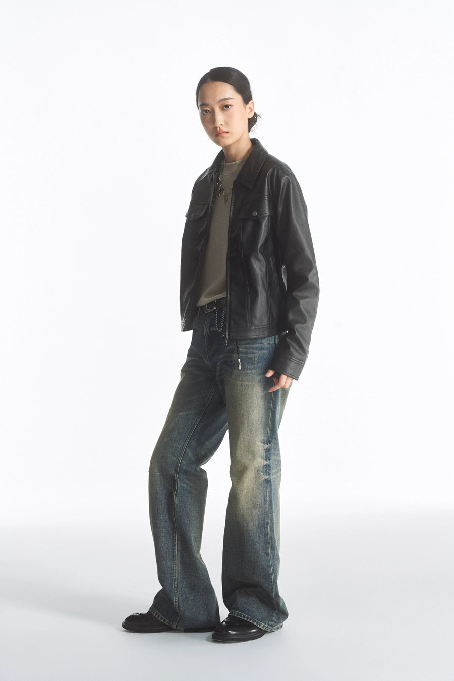 Cropped Double Zipper Leather Jacket