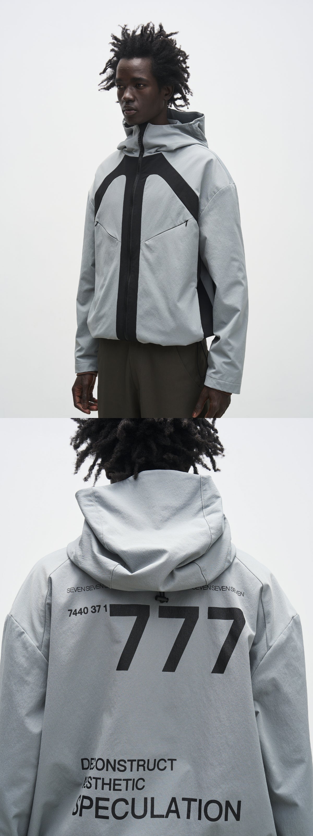 777 Organizing' two-tone patchwork softshell hooded jacket
